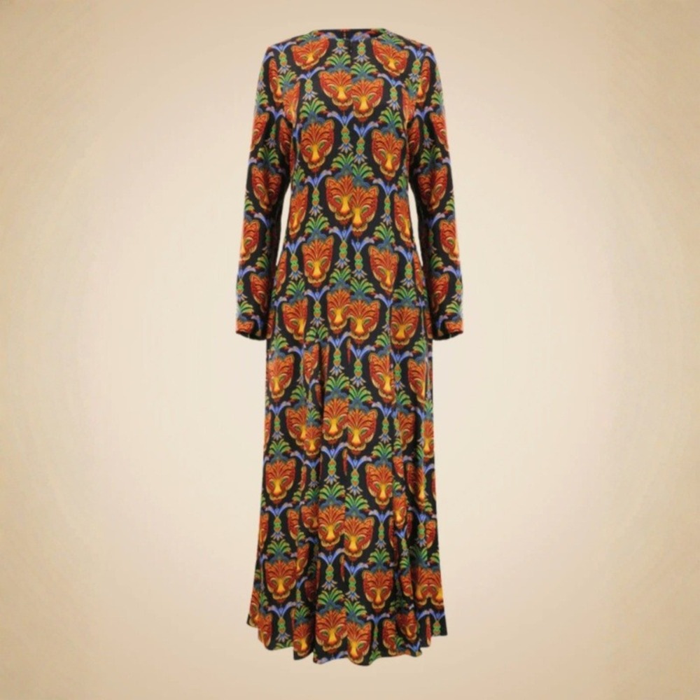 Farm Rio Boho Panther Black Midi Dress RARE Long Sleeve V-Neck Size S NEW